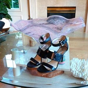 Michael Kors black 7.5 ankle strap sandals with metal logo detail on strap